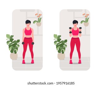 Dumbbell Hammer Curls Exercise, Online Fitness Concept, Woman Workout Fitness, Aerobic And Exercises. Vector Illustration.	