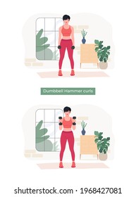 Dumbbell Hammer curls exercise, Online fitness concept, Woman workout fitness, aerobic and exercises. Vector Illustration.	