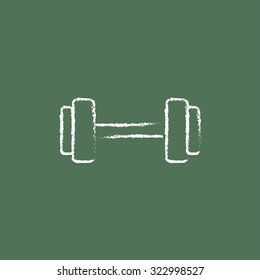 Dumbbell hand drawn in chalk on a blackboard vector white icon isolated on a green background.