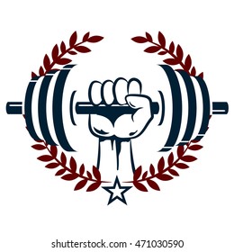 Dumbbell in hand flat, the emblem for the gym