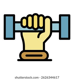 Hantel in Handsymbol. Umriss einer Hantel in der Hand, Vektorsymbol Farbe flach einzeln