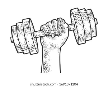 dumbbell in hand sketch engraving vector illustration. T-shirt apparel print design. Scratch board imitation. Black and white hand drawn image.