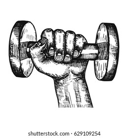 Dumbbell in hand. Vector vintage illustration