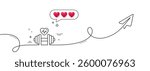 Dumbbell with heartbeat line icon. Continuous line with share plane. Workout equipment sign. Cardio Gym fit symbol. Hearts rate review in speech bubble. Dumbbell single line ribbon. Vector