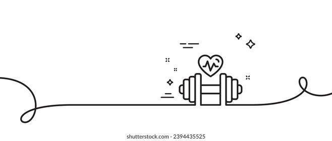 Dumbbell with heartbeat line icon. Continuous one line with curl. Workout equipment sign. Cardio Gym fit symbol. Dumbbell single outline ribbon. Loop curve pattern. Vector