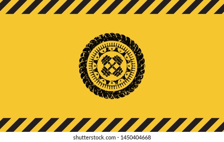 dumbbell icon black grunge emblem inside yellow warning sign. Vector Illustration. Detailed.