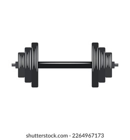 Dumbbell icon with black plates. Cartoon dumbell sign. Bodybuilding, crossfit, workout, fitness club symbol. Weightlifting equipment. Template design for gym, fitness, athletic centre. Vector