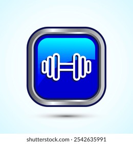 Design de ícone de campainha para fitness, ginástica, exercício, levantamento de peso. Design do botão quadrado com cor azul