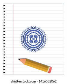 dumbbell icon emblem with pen effect. Blue ink. Vector Illustration. Detailed.