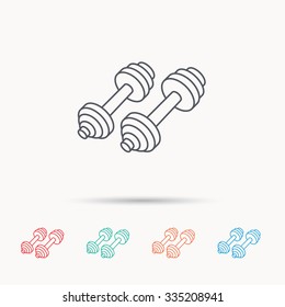 Dumbbell icon. Fitness sport or gym sign. Bodybuilding workout equipment symbol. Linear icons on white background.