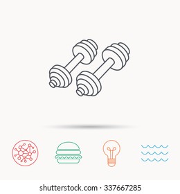 Dumbbell icon. Fitness sport or gym sign. Bodybuilding workout equipment symbol. Global connect network, ocean wave and burger icons. Lightbulb lamp symbol.