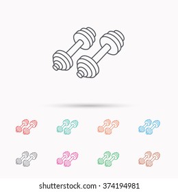 Dumbbell icon. Fitness sport or gym sign. Bodybuilding workout equipment symbol. Linear icons on white background.