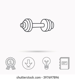 Dumbbell icon. Fitness sport or gym sign. Bodybuilding workout equipment symbol. Download arrow, lamp, learn book and award medal icons.