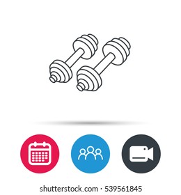 Dumbbell icon. Fitness sport or gym sign. Bodybuilding workout equipment symbol. Group of people, video cam and calendar icons. Vector