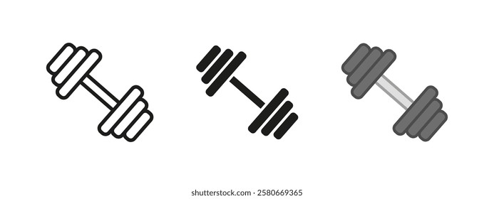 Dumbbell icon. Gym fitness vector illustration. Strength training symbol. Workout and exercise sign. Bodybuilding and weightlifting concept. Compact and metallic equipment.