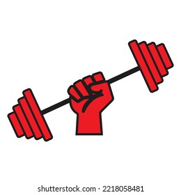 dumbbell icon in hand and all this in red color on a white background