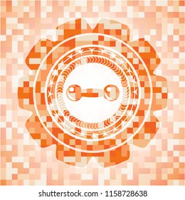 dumbbell icon inside abstract emblem, orange mosaic background