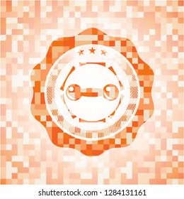 dumbbell icon inside abstract emblem, orange mosaic background