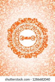 dumbbell icon inside abstract emblem, orange mosaic background