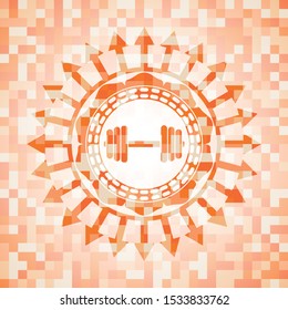 dumbbell icon inside abstract emblem, orange mosaic background