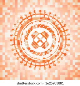 dumbbell icon inside abstract emblem, orange mosaic background