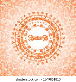dumbbell icon inside abstract emblem, orange mosaic background