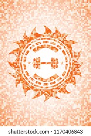 dumbbell icon inside abstract orange mosaic emblem with background