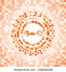 dumbbell icon inside abstract orange mosaic emblem with background