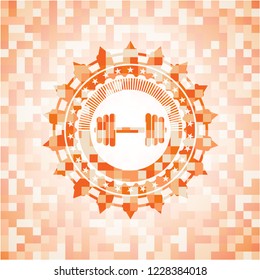 dumbbell icon inside abstract orange mosaic emblem with background