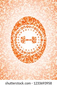dumbbell icon inside abstract orange mosaic emblem