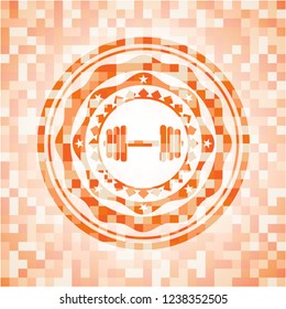 dumbbell icon inside abstract orange mosaic emblem