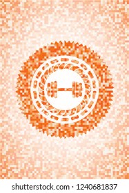 dumbbell icon inside abstract orange mosaic emblem with background