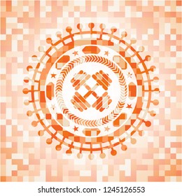 dumbbell icon inside abstract orange mosaic emblem with background