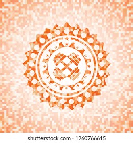 dumbbell icon inside abstract orange mosaic emblem with background