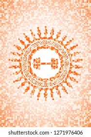 dumbbell icon inside abstract orange mosaic emblem with background