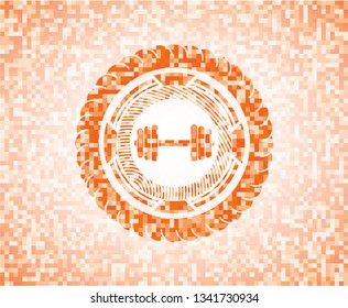 dumbbell icon inside abstract orange mosaic emblem with background