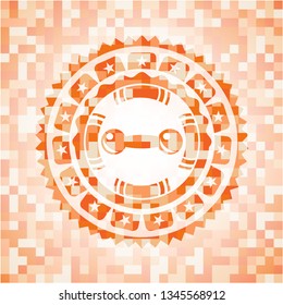 dumbbell icon inside abstract orange mosaic emblem