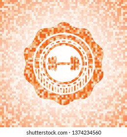 dumbbell icon inside abstract orange mosaic emblem