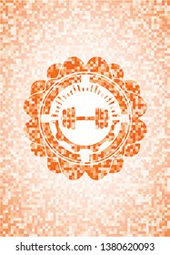 dumbbell icon inside abstract orange mosaic emblem