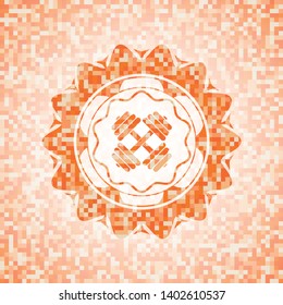dumbbell icon inside abstract orange mosaic emblem