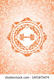 dumbbell icon inside abstract orange mosaic emblem