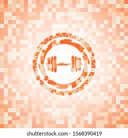 dumbbell icon inside abstract orange mosaic emblem