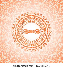 dumbbell icon inside abstract orange mosaic emblem