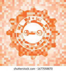 dumbbell icon inside abstract orange mosaic emblem