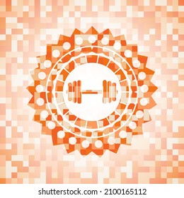dumbbell icon inside abstract orange mosaic emblem. 