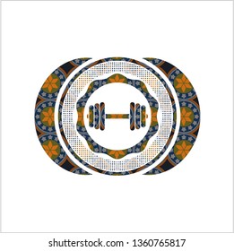 dumbbell icon inside arabesque badge background. arabic decoration.