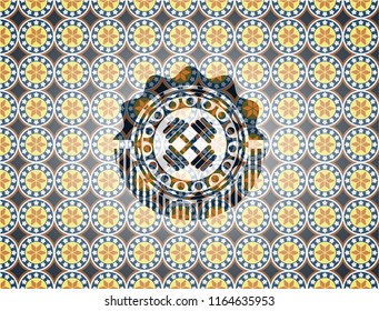dumbbell icon inside arabesque emblem background. arabic decoration.