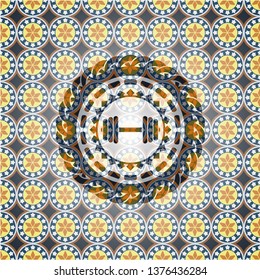 dumbbell icon inside arabesque emblem background. arabic decoration.