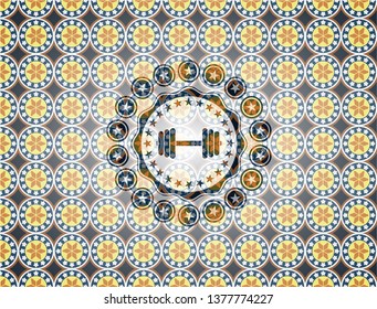 dumbbell icon inside arabesque emblem. arabic decoration.
