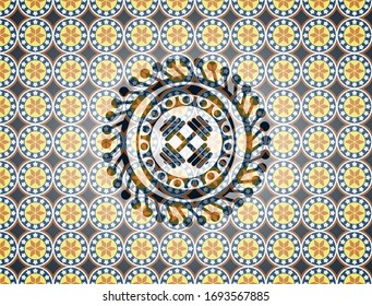 dumbbell icon inside arabesque emblem background. arabic decoration.